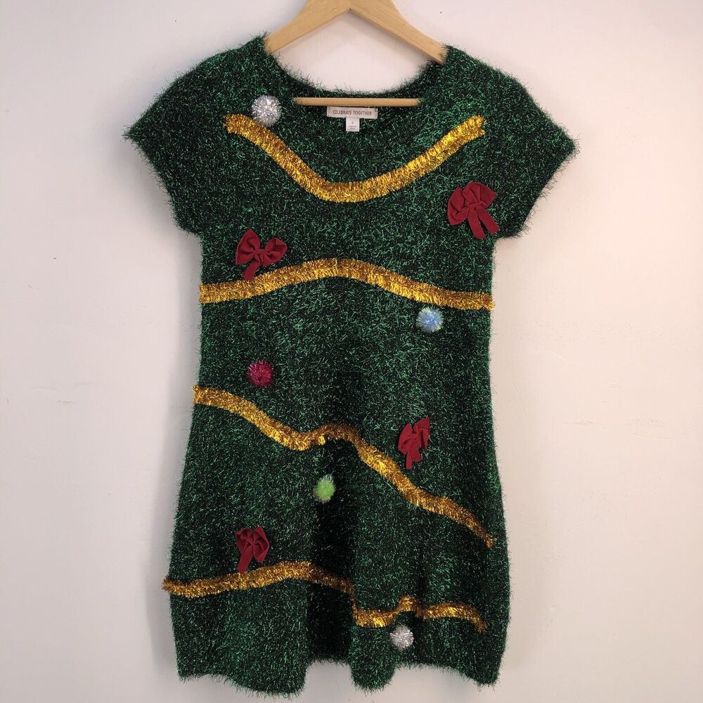 Celebrate Together Junior Dress Size S Green Sparkle Bows PomPom Knit Christmas - Picture 4 of 15